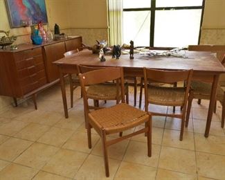 Danish modern dining table, 8 chairs, and buffet