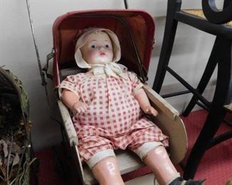 Old Tin Litho Baby Doll Carriage with Doll