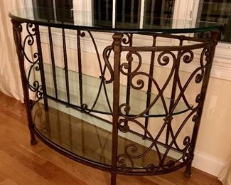 Demi-lune glass top and metal foyer table