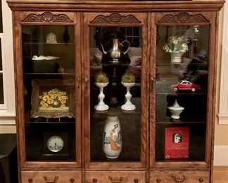 Antique Victorian Carved Glass Door Bookcase with 3-drawers