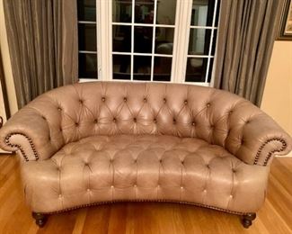 Unusual Tan Crescent Chesterfield Style Sofa with Nailhead Trim