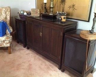 Teak Asian style stereo cabinet with speaker cabinets