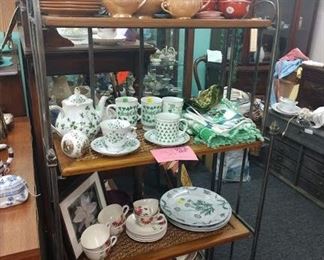 75% off shelf 1 & 2; 50% off 3rd shelf and 30% off pottery on bottom shelf curios in the background are for sale (curio in the corner is now $50)