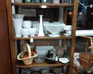 $5 for white milk glass on this shelf Shelf for sale $30