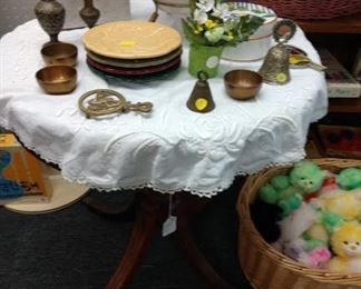 Vintage tables, brass items Stuffed animals 30% off (retail)