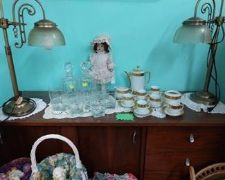 Vintage buffet, lamps and glassware 50% off and china set 75% off Easter items bulk lot priced (pictured and more)