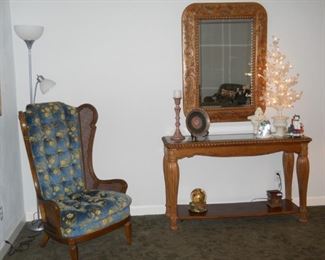 Vintage chair, sofa table, Christmas tree, etc.