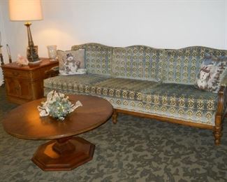 Vintage sofa, round coffee table, end table, lamp, etc.