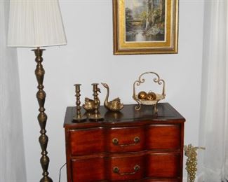 brass floor lamp, leather top chest, framed art, etc.