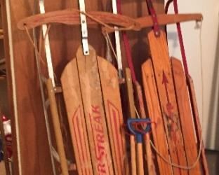 Vintage Sleds and Snow Shovels.