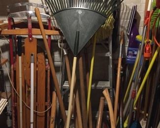 Garden tools and sleds.