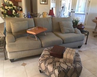 8' olive corderoy sofa & 3' hexagonal foot stool