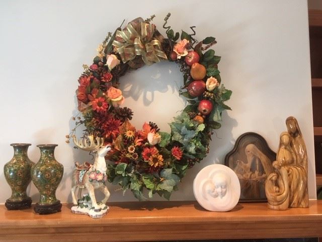 Cloisonné vases, Fitz & Floyd Reindeer, Vintage & olive wood Madonna & Child items