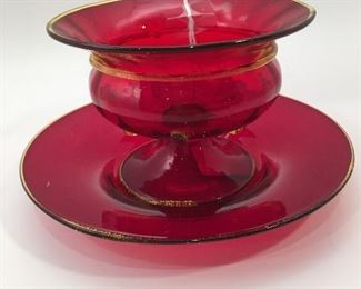 Red Glass Vessel with Saucer