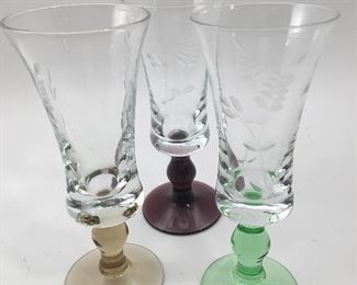 12 Etched Cordial Glasses (not shown dark green stem) 