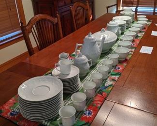 Sealed bid lot 001 Guido Zichele walnut veneer dining table with two pull out leaves and Limoges Ceralene Hawthorn tea and coffee set 