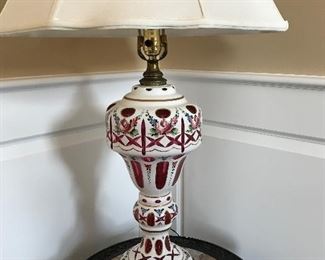 Pair of Bohemian cranberry antique glass lamps