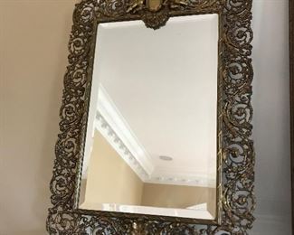 Antique table top brass frame beveled mirror
