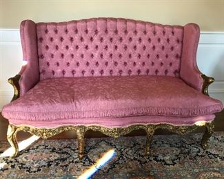 Antique French tufted sofa with down filled cushions & silk fabric