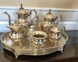 Silver over copper tea service & tray 