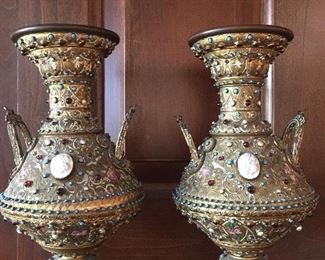 Pair of antique Indian bridal vases with intaglios and stonework