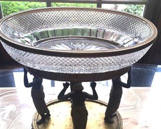 Egyptian brass figural and crystal centerpiece bowl