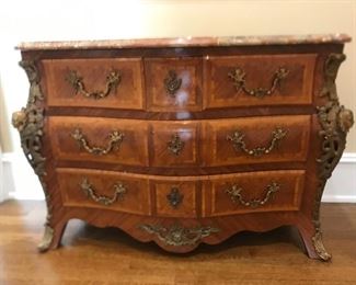 antique marble top dresser with silk lined drawers & bronze accents