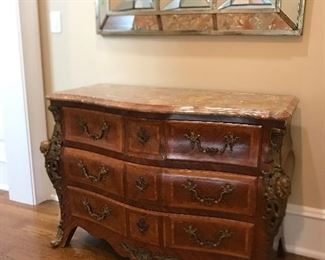 antique marble top dresser with silk lined drawers & bronze accents (mirror not for sale)