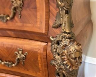 antique marble top dresser with silk lined drawers & bronze accents