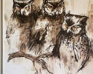 Large C. Patterson painting depicting three owls. Oil on canvas