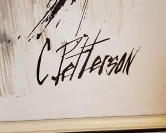 Large C. Patterson painting depicting three owls. Oil on canvas