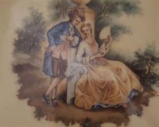 Antique French Hand Mirror Porcelain Hand Painted Courting Couple