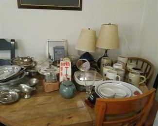 silver, lamps, table and chairs, plates, salt and pepper shaker, mugs