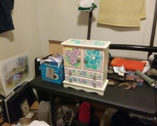 jewelry box, painting, elmo, heater, flashlight, full bed frame