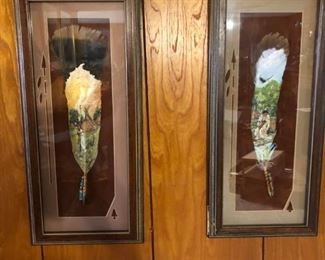 Framed Hand Painted Feathers signed by Artist Wolf