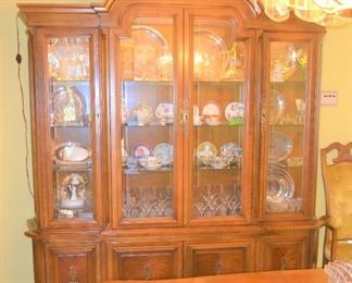 LIGHTED CHINA CABINET,  CRYSTAL, CUP COLLECTION, SILVER PLATED  TRAYS