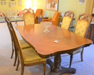 DINING TABLE WITH PLUS 3 INSERTS AND HOT PADS PLUS 6 CHAIRS, EXCELLENT CONDITION