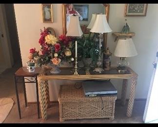 Sofa table, Wicker storage chest, lamps