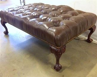 Vintage Tufted Leather Ottoman W Carved Feet