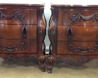 Pair Intricately Carved Wooden 3 Drawer Chests