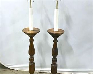 Pair Turned Wood Baluster Pillar Floor Lamps