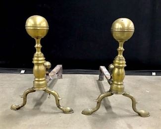 Pair Brass Toned Metal Hoof Footed Andirons