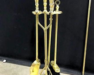 Set Six Brass Toned Metal Fireplace Tools