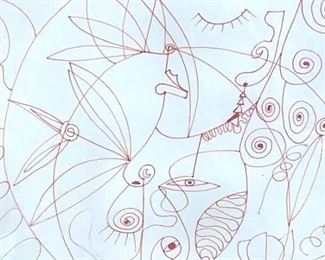 Signed Red Ink Modernist Drawing