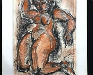 Signed GOULET Ink & Chalk Drawing, Female Nude