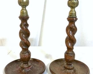 Pair Vintage Carved Twisted Wooden Candlesticks