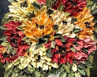 Signed Impasto Relief Floral Painting on Canvas