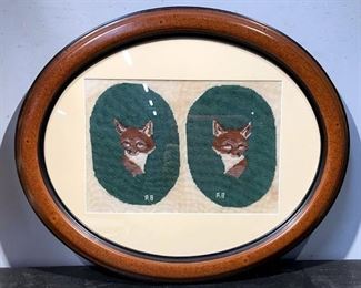Oval Framed Vintage Fox Needlepoint Embroidery