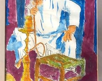 Signed Middle Eastern Seated Man With Hooka Print