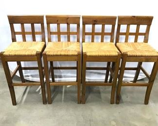 Set 4 Wooden Stools W Backrests Rush Seats